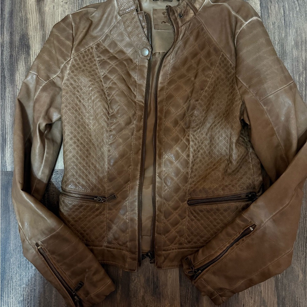 J2  Tan Vegan Leather Jacket with Quilted Pattern